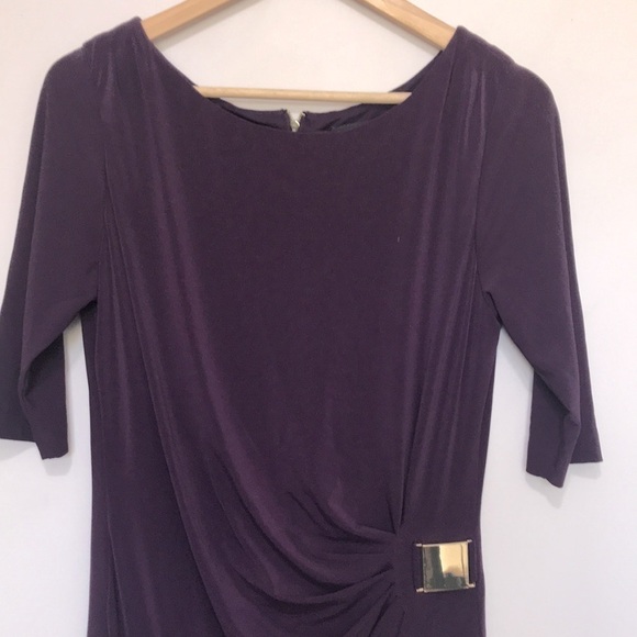 TAHARI 3/4 sleeve side ruching stretchy jersey midi dress size 10 - Picture 2 of 9